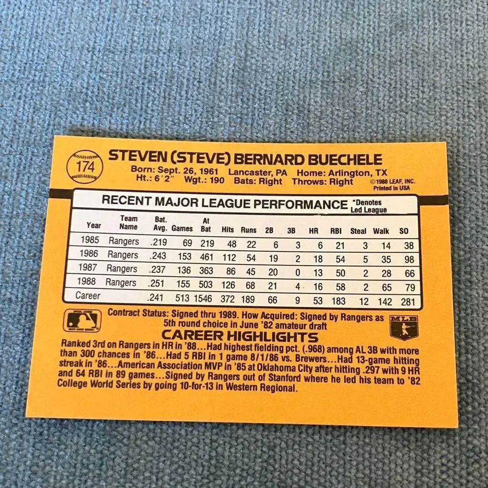 1989 Donruss Texas Rangers Baseball Card Trading Card